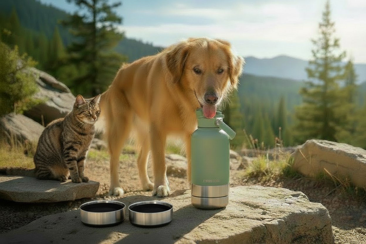 3-in-1 Outdoor Dog Water Bottle & Dual Bowl Feeder Set – 32oz (950ml) Portable Pet Travel Kit