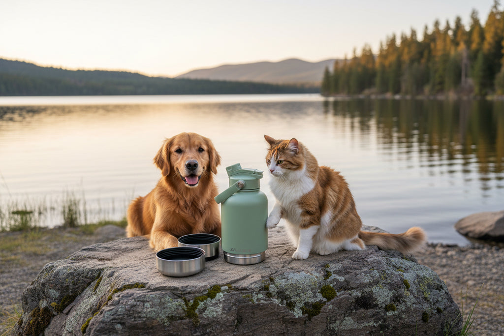 3-in-1 Outdoor Dog Water Bottle & Dual Bowl Feeder Set – 32oz (950ml) Portable Pet Travel Kit